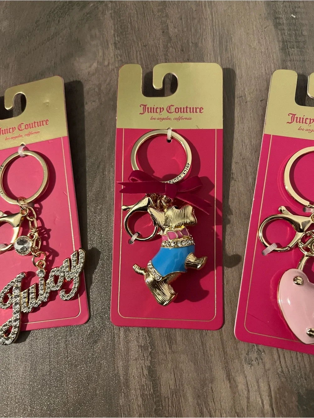 Juicy Couture Pink & Gold Bow, Juicy Script, Dog & Heart Lock Keychain Set